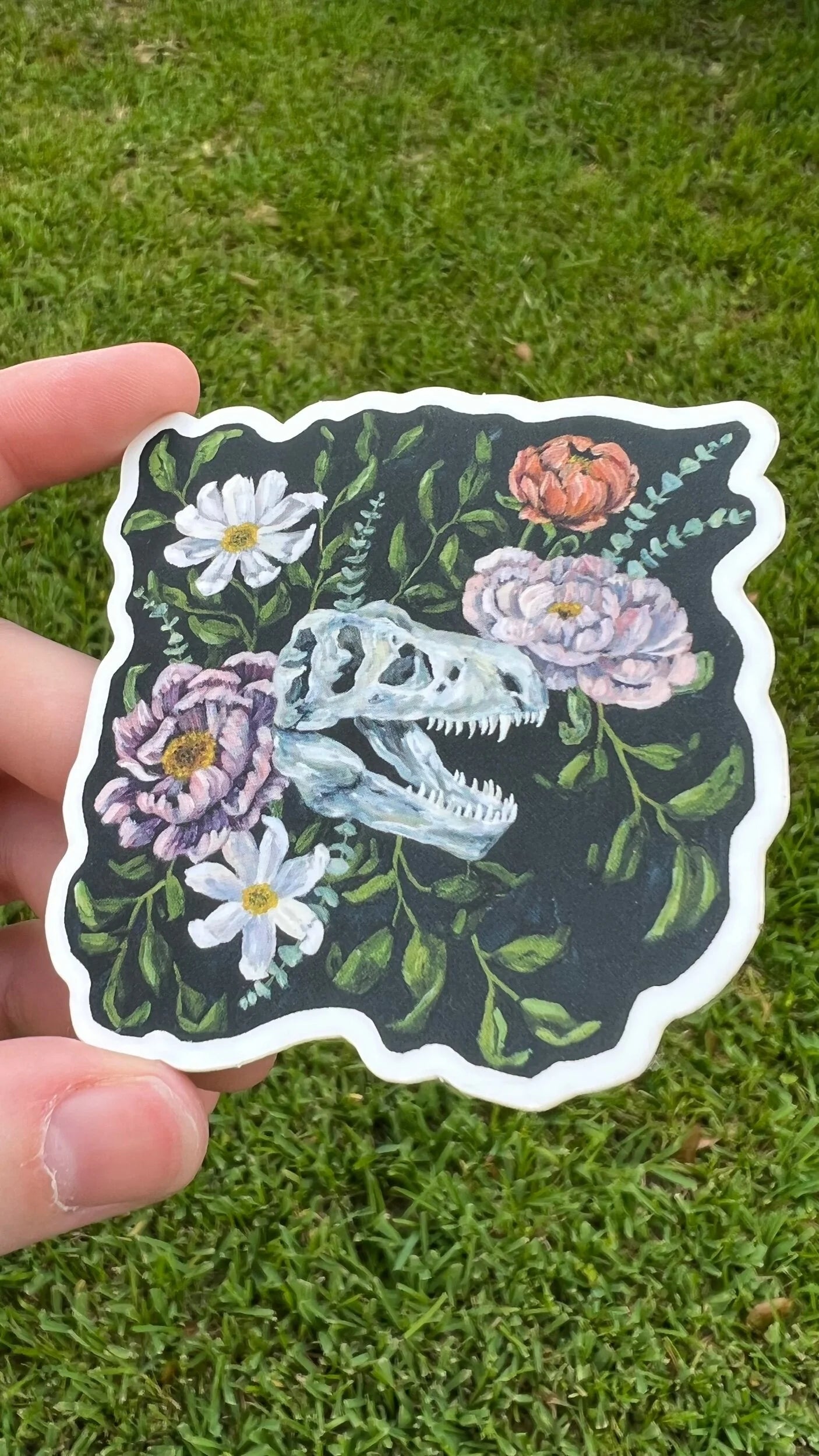 Floral T-Rex Skull Sticker