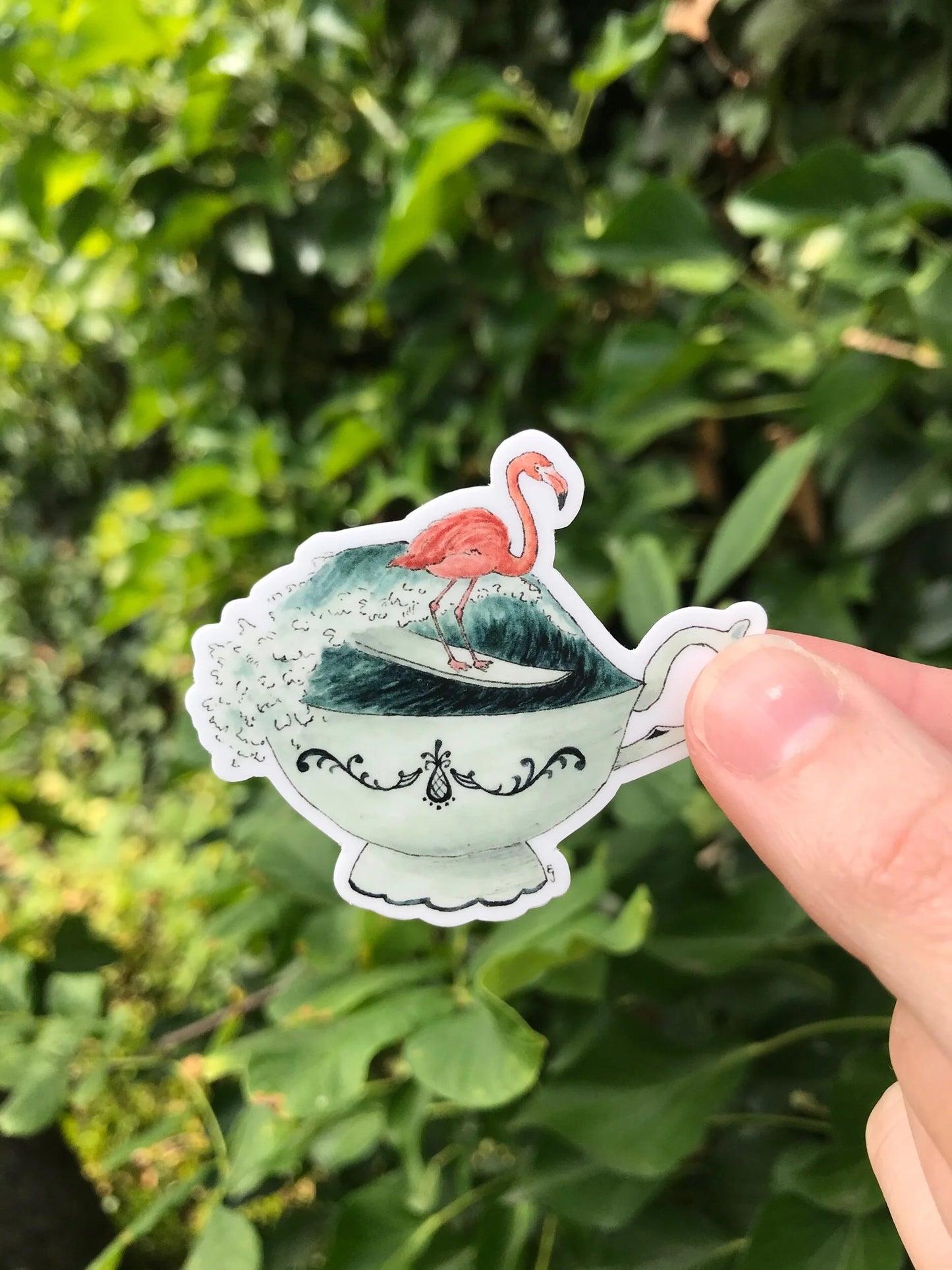 Surfing Flamingo in a Teacup Sticker