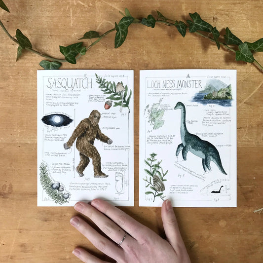 Sasquatch (Bigfoot) and Loch Ness Monster Field Reports Giclée Print Pair