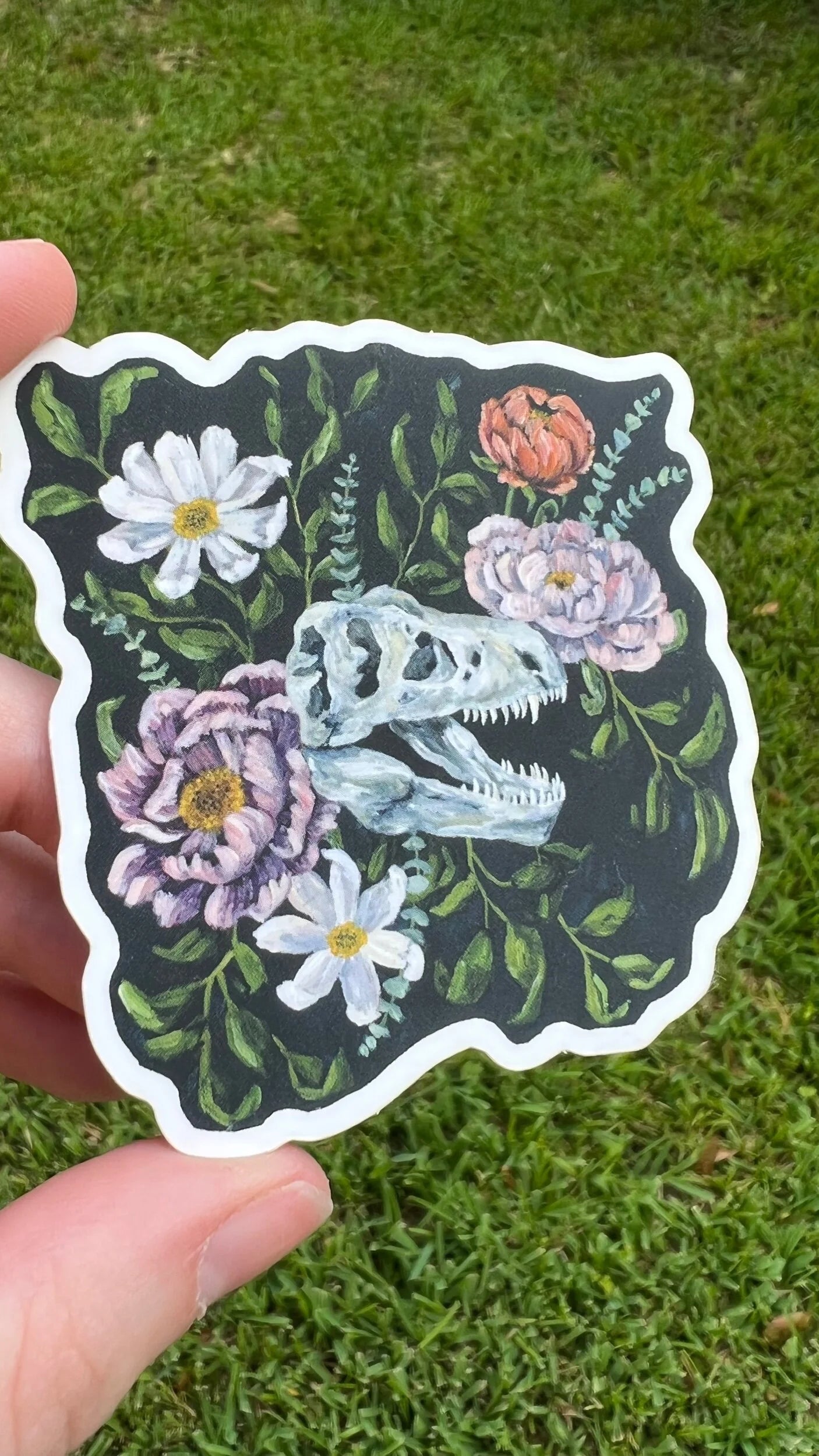 Floral T-Rex Skull Sticker