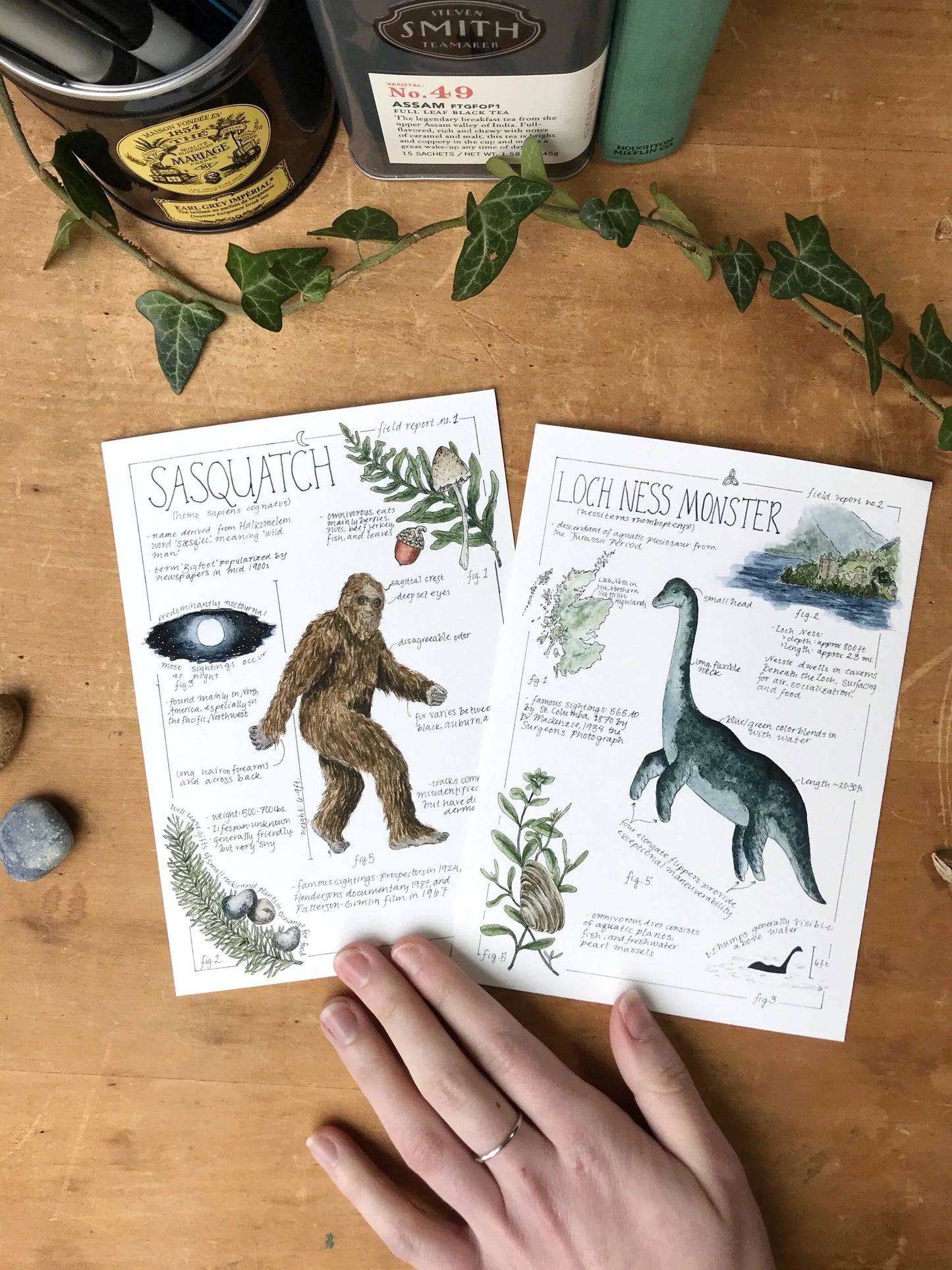 Sasquatch (Bigfoot) and Loch Ness Monster Field Reports Giclée Print Pair