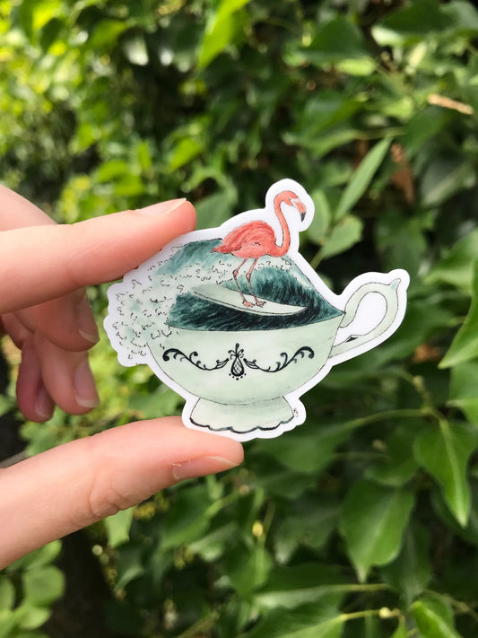 Surfing Flamingo in a Teacup Sticker