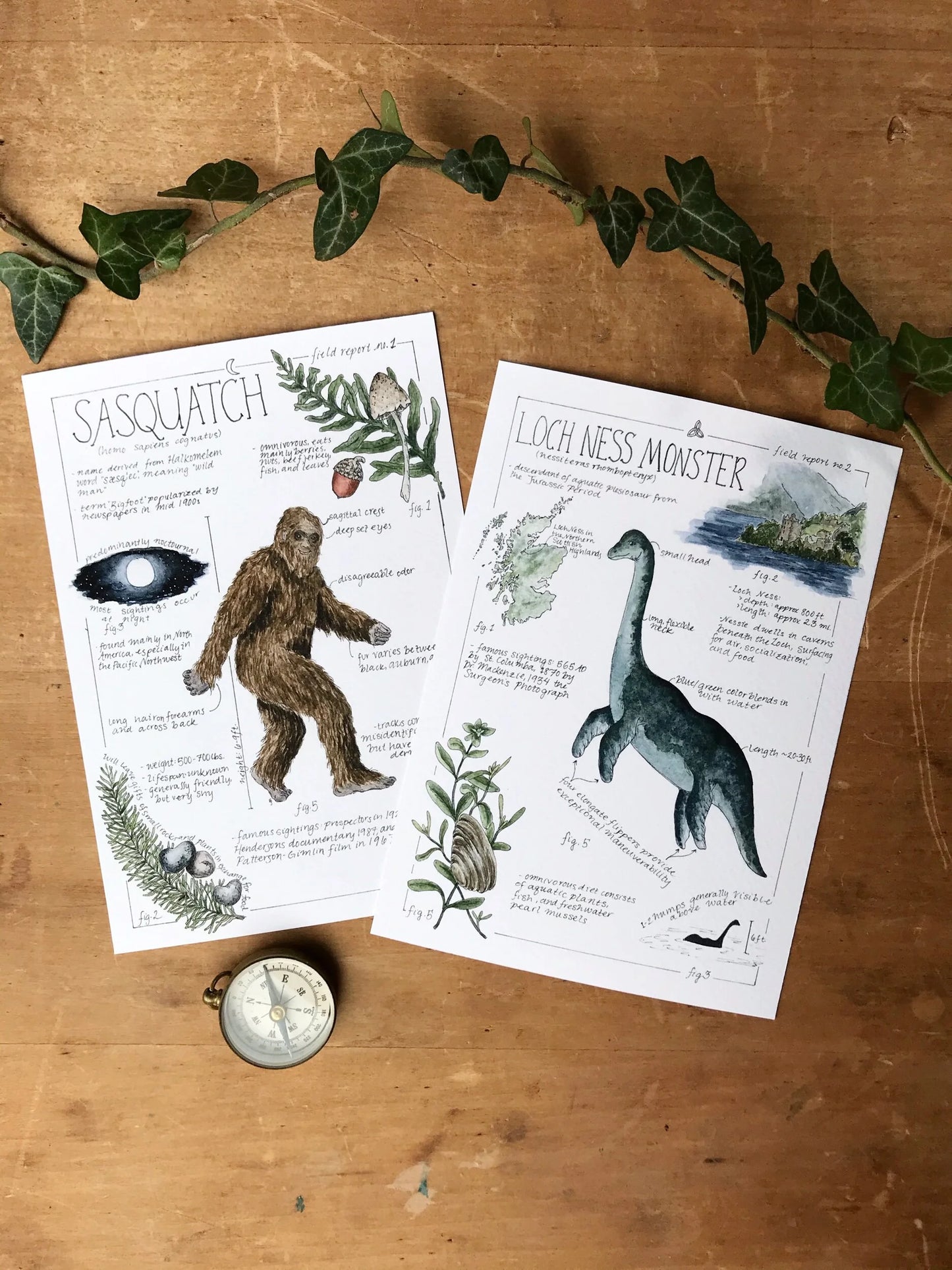 Sasquatch (Bigfoot) and Loch Ness Monster Field Reports Giclée Print Pair