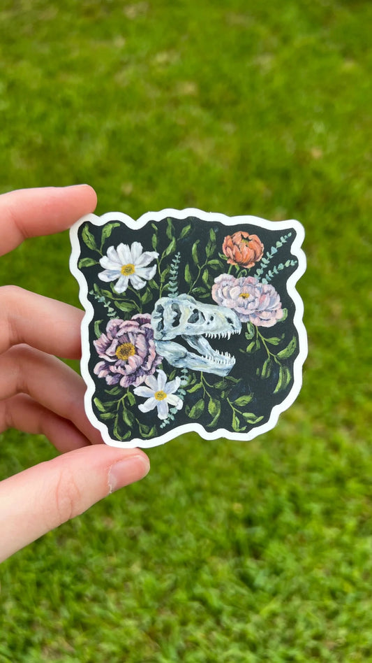 Floral T-Rex Skull Sticker