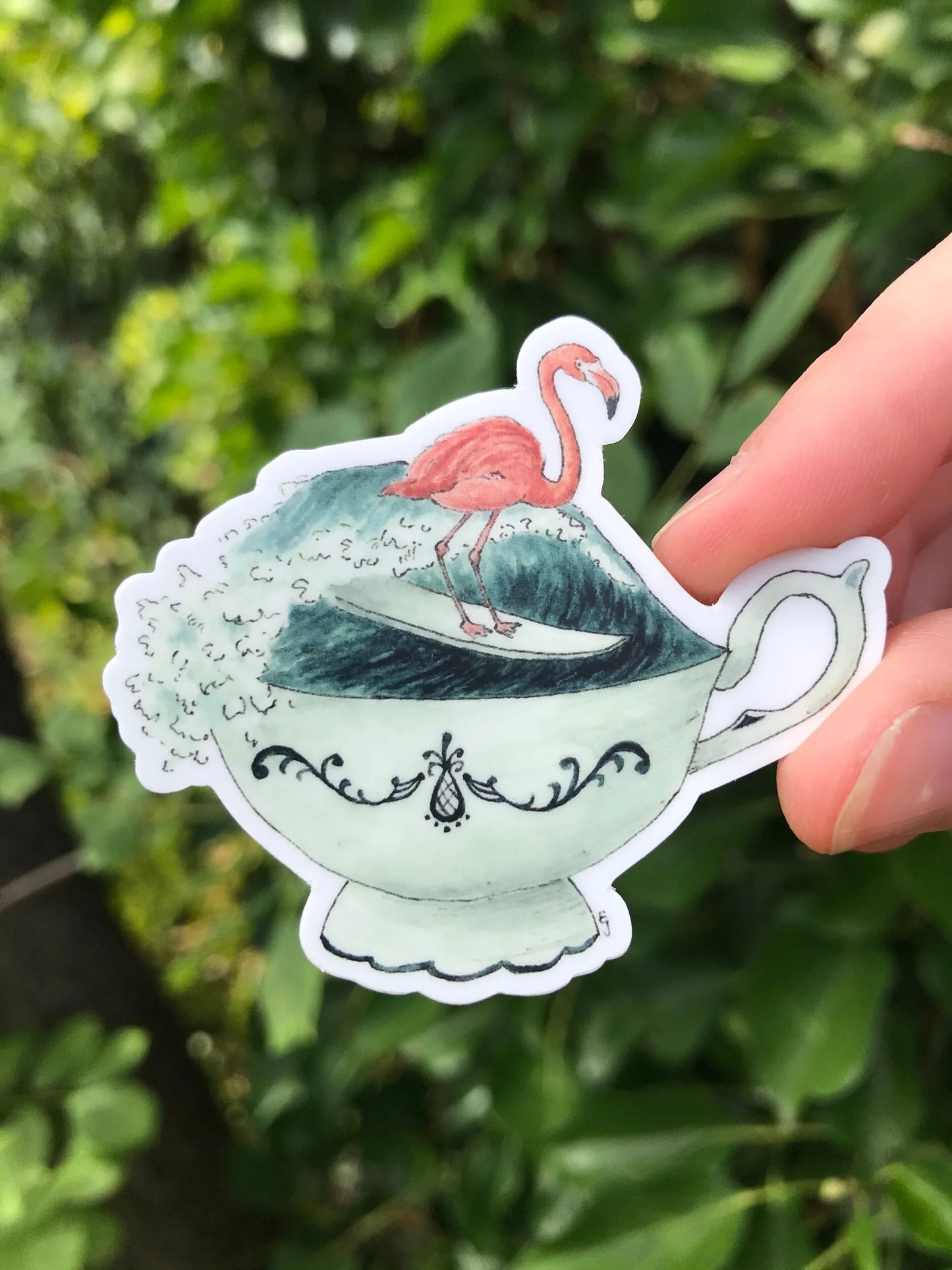 Surfing Flamingo in a Teacup Sticker