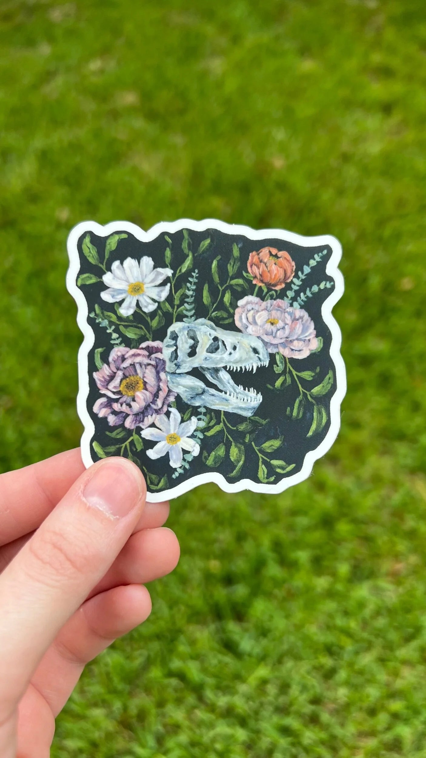 Floral T-Rex Skull Sticker